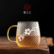 加厚耐高温日式锤纹玻璃绿茶杯简约清新家用带把水杯子创意