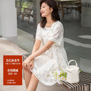 白色蕾丝连衣裙夏季短袖大码女装胖mm200斤盘扣新中式女装A字裙