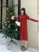短袖连衣裙套装带红色中长裙新冬季袖套女简约针织毛衣年战袍