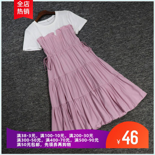 2023夏美m系列1衣佳人，折扣女装撞色拼接粉嫩假2件套连衣裙