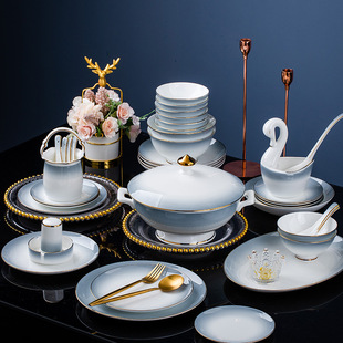 碗碟套装家用高端简约釉中碗筷景德镇陶瓷器骨瓷，餐具现代轻奢碗盘