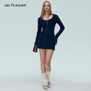 JacFLeurant 设计师24早春假两件蕾丝拼接针织牛仔挂脖连衣裙