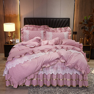 欧式夹棉四件套床裙公主风床罩床单，全棉磨毛加厚裸睡床上被套粉色