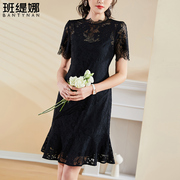 黑色蕾丝镂空连衣裙，女2024夏季气质小香风，中长款显瘦女裙名媛