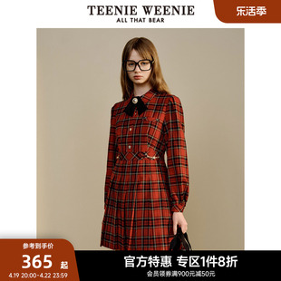 teenieweenie小熊奥莱春装学院风，复古甜美格纹百褶连衣裙女