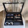 高级透明玻璃盖眼镜收纳盒黑色，皮质绒布多格大容量太阳墨镜展示架