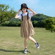 韩国女童背带裙夏装，中大儿童夏季短袖，洋气公主裙子假两件套连衣裙