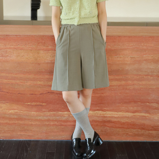 studiofun设计感松紧腰，短裤女夏季灰色，绿色五分宽松直筒阔腿中裤