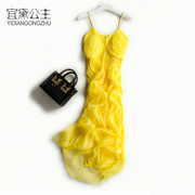 桑蚕丝真丝连衣裙黄色，v领吊带显瘦长裙波，西米亚三亚泰国沙滩裙仙
