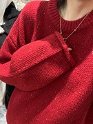 韩国货(韩国货)全羊毛，中长款红色毛衣!冬休闲慵懒宽松套头卷边女上衣