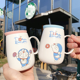 正版哆啦a梦机器猫马克杯，卡通带盖勺陶瓷杯学生可爱情侣杯子