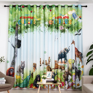 儿童房窗帘绿色森林动物男孩女孩卧室房间定制成品可爱卡通遮光布