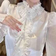复古衬衫立领女长袖白色韩范秋韩版显瘦百搭雪纺上衣高级感白衬衣
