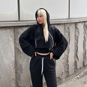 韩国2023秋季女士棉连帽短卫衣，背心长裤三件套装，黑色显瘦休闲