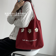 少女花朵帆布包女单肩日系韩风大容量，学生上课ins红色紫背心包袋