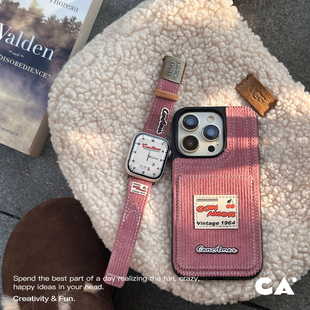 CA.美式复古灯芯羊绒iwatch9皮表带与iphone15pro手机壳适用苹果