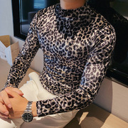 豹纹卫衣男冬季男士个性金丝绒，长袖内搭衣半t高领潮流紧身t恤