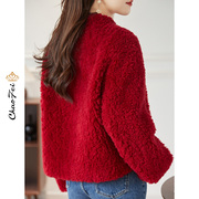 红色颗粒羊剪绒短款女装，2023冬季海宁皮草，羊毛羔一体大衣外套