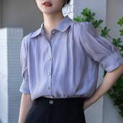 雪纺短袖衬衣女夏紫色(夏紫色，)泡泡袖衬衫设计感小众气质通勤垂感上衣
