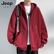 jeep吉普酒红色开衫卫衣，男士春季美式连帽潮牌本命年外套男装