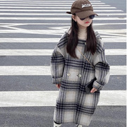 女童毛呢大衣2023秋冬韩版中长款洋气格子，羊绒外套中大童加厚风衣