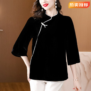 新中式盘扣真丝绒衬衫女装秋季装复古长袖上衣妈妈高级感衬衣