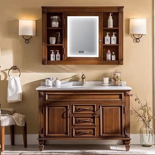 美式橡木浴室柜组合落地洗脸洗手盆，柜实木洗漱台卫生间陶瓷一体盆