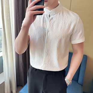 高级感褶皱设计立领衬衫男短袖夏季中国风花纹休闲中式痞帅衬衫薄