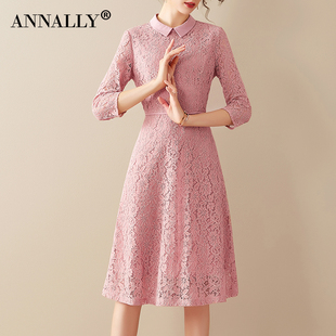 Annally2022春装优雅淑女气质修身显瘦大摆粉红色蕾丝连衣裙
