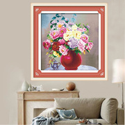 绣好的纯手工手绣十字绣成品花，香粉红玫瑰花瓶满绣客厅卧室小幅画