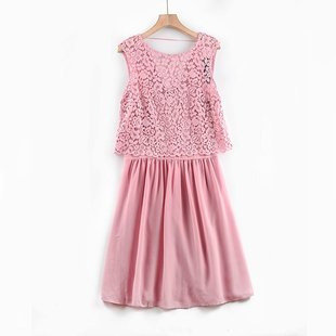 z0欧美外贸大牌蕾丝，粉色高腰个性，气质品质吊带雪纺夏季连衣裙