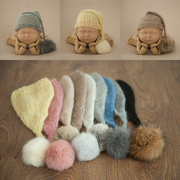 新生儿满月百天儿童拍照马海毛，手织长尾獭，兔毛球帽子摄影道具帽子
