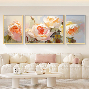 现代轻奢牡丹花客厅挂画花开富贵沙发背景墙装饰画，奶油风三联壁画