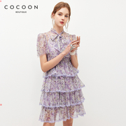 misscocoon蕾丝连衣裙夏少女(夏少女，)蝴蝶结系带领仙气紫网纱蛋糕裙