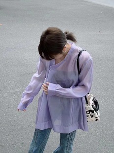 YEARYPLAN设计师品牌紫色透视斜襟一粒扣上衣衬衫女2024