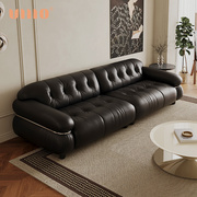 ULLLO 法式客厅直排现代沙发轻奢复古风黑色真皮头层牛皮钢圈沙发