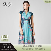 SUSSI/古色夏季绿色古典印花立领短袖中长款高腰连衣裙女