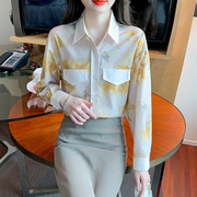 网红港风设计感高级印花雪纺，衫2023春季女装小众气质休闲白色
