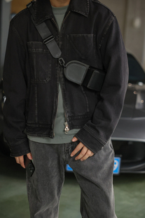 Secretbase 韩国设计师款 重磅 高端黑灰色水洗做旧机车牛仔外套