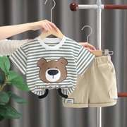 婴儿衣服夏装洋气卡通小熊条纹短袖套装一周岁男宝宝短裤童装