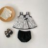 2024夏季女宝宝复古中式吊带娃娃裙子花包短裤两件套婴儿套装衣服