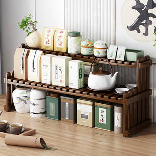 桌面博古架茶叶架实木，新中式茶桌上置物架小型茶台摆件茶具收纳架