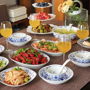 十一窑景德镇青花瓷餐具中式石榴，花纹家用釉下彩，饭碗盘子24件套装