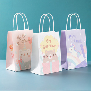 10个卡通手提袋纸袋可爱儿童女孩生日派对牛皮纸袋，糖果回礼袋