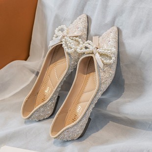 韩版甜美珍珠水钻蝴蝶结，气质仙女单鞋尖头平底精致伴娘鞋婚鞋大码