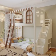 木月儿童上下床实木床树屋客房，上下铺男女孩，双层滑梯高低床子母床