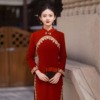 红色加绒改良长款旗袍2024年轻级复古气质礼服长袖连衣裙