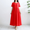 夏季薄款红色短袖连衣裙文艺范棉麻(范棉麻，)女装小个子宽松海边沙滩裙长裙