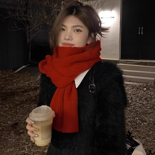 新年红色围巾女冬季韩版简约百搭纯色保暖学生，针织毛线情侣围脖