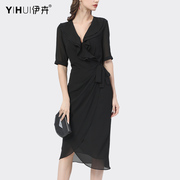 赫本风黑色短袖连衣裙，女夏季欧货气质，优雅荷叶边收腰裙子